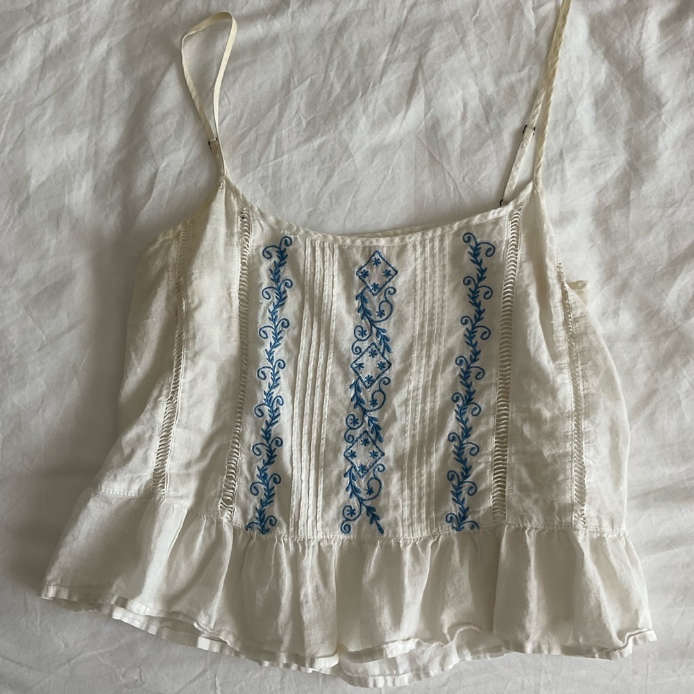 White Tank with Blue Embroidery